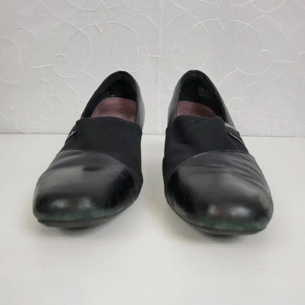Clarks Womens Shoes Size 7.5 Black Leather Sugar Spice Heeled Slip On Pumps